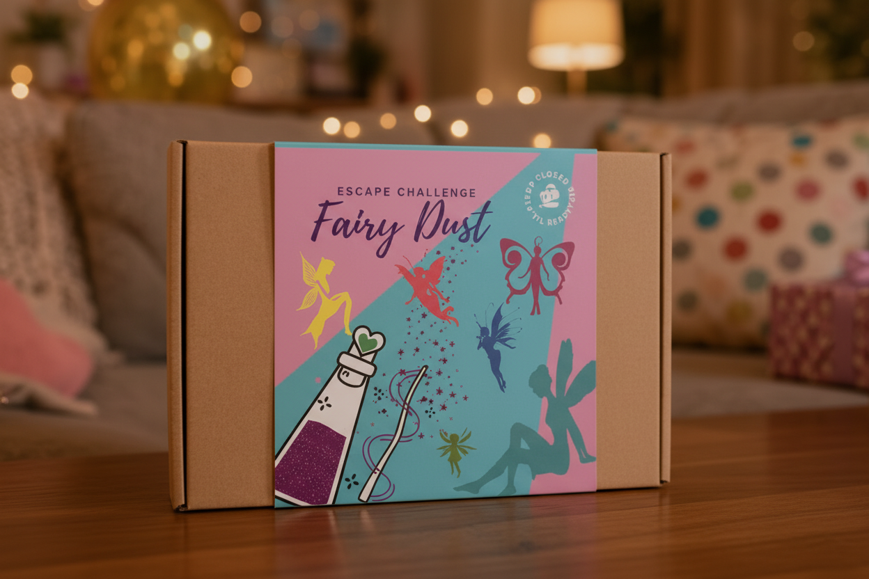 'Fairy Dust' escape room game kit box with festive decorations in the background