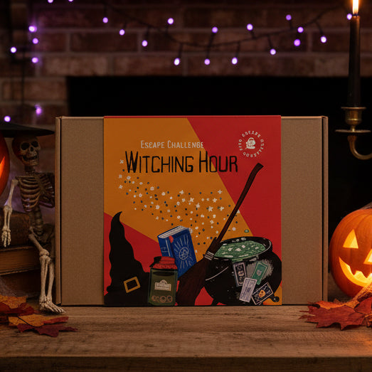 Escape room challenge kit with witch-themed design