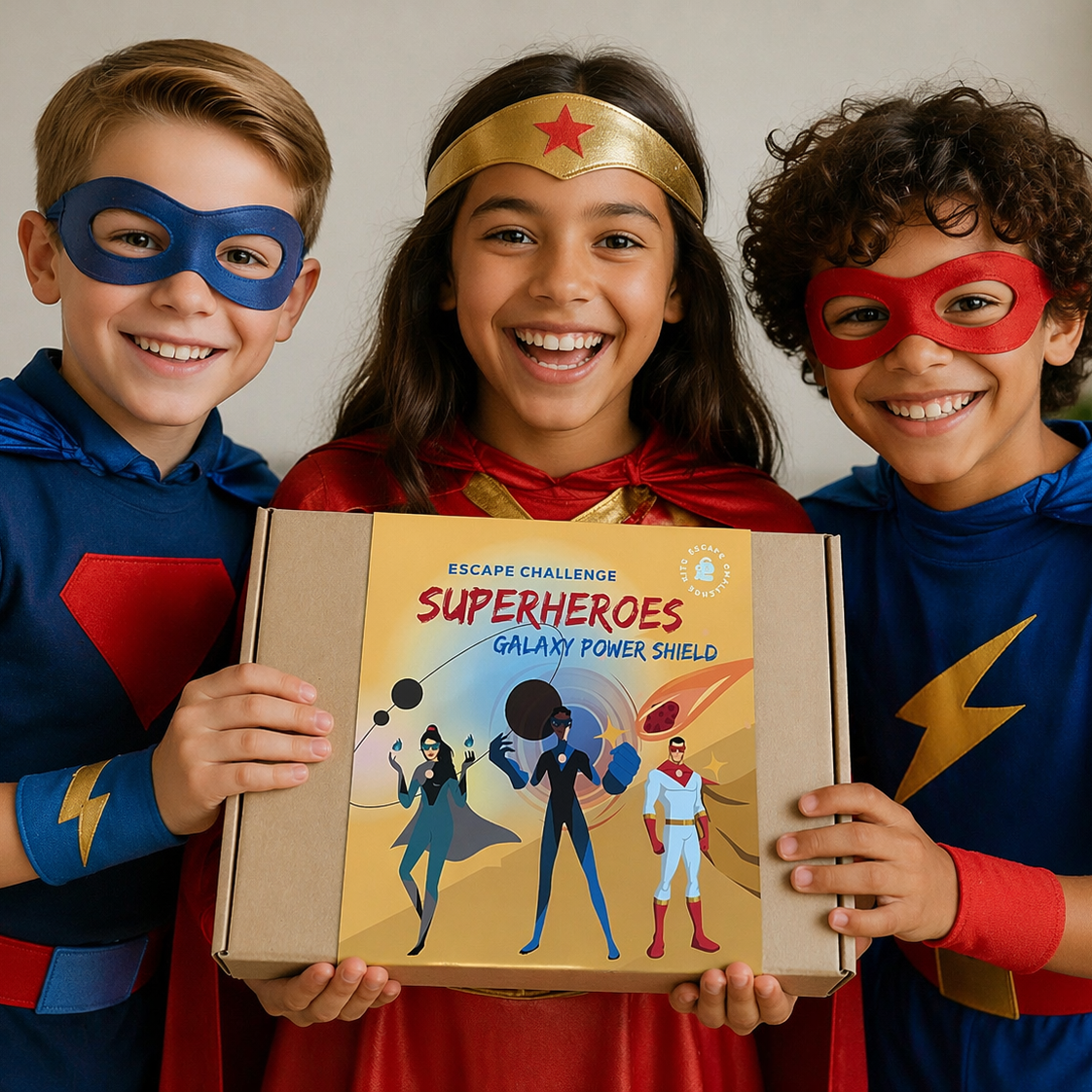 Three children in superhero costumes holding an escape room kit box labeled 'Superheroes Galaxy Power Shield'.