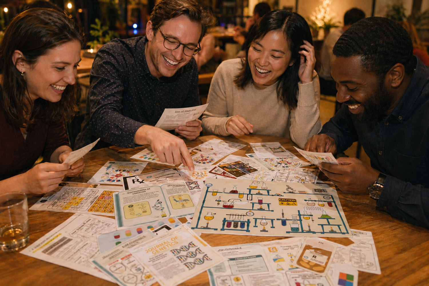 Four adults playing an escape room kit game together at a table.
