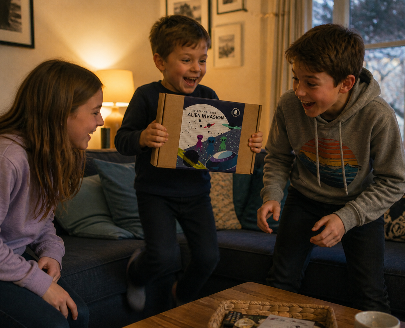 3 children playing with alien invasion escape room kit