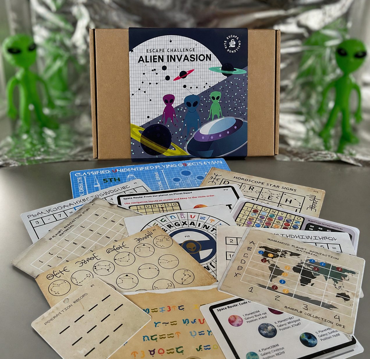 Alien invasion escape room kit and contents