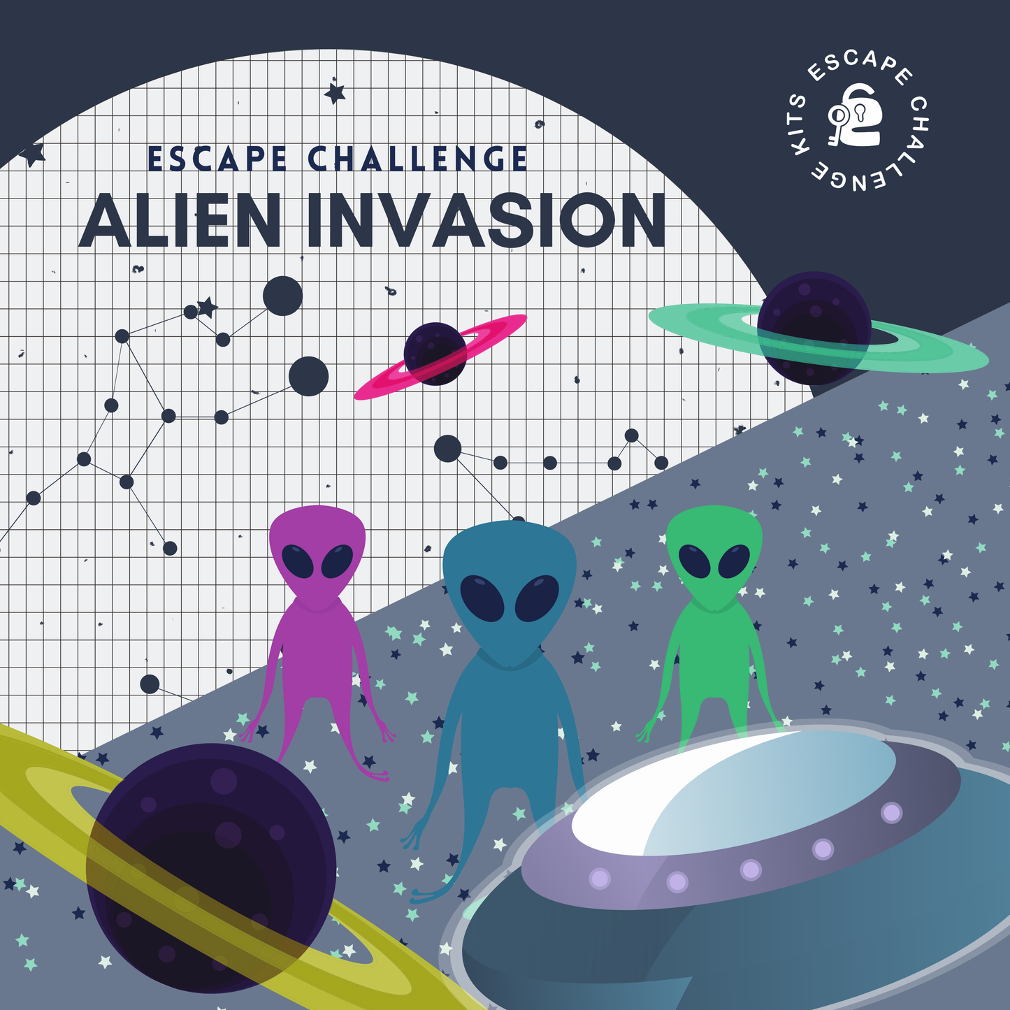 Cover of 'Escape Challenge: Alien Invasion' with colorful aliens and a UFO on a space-themed background.