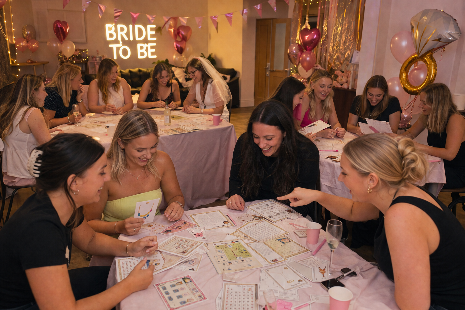 Group of women at a bridal shower with 'Bride to Be' sign and balloons playing an escape room in a box challenge game 