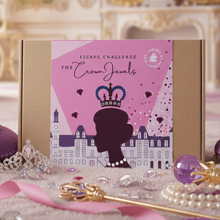 Escape room challenge box titled 'The Crown Jewels'.