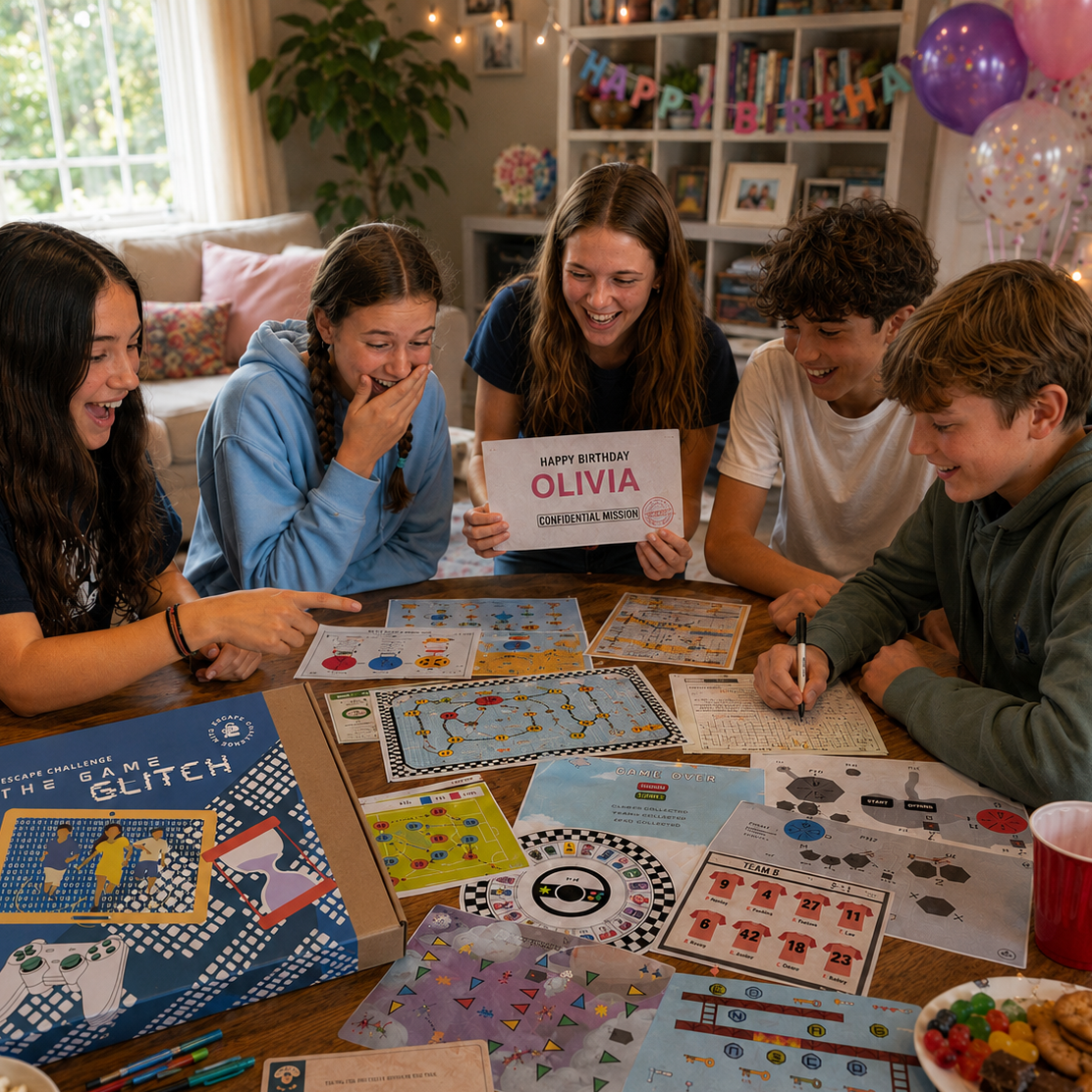 Children gathered around a table playing with a personalised escape room kit showing players name with birthday party decorations.