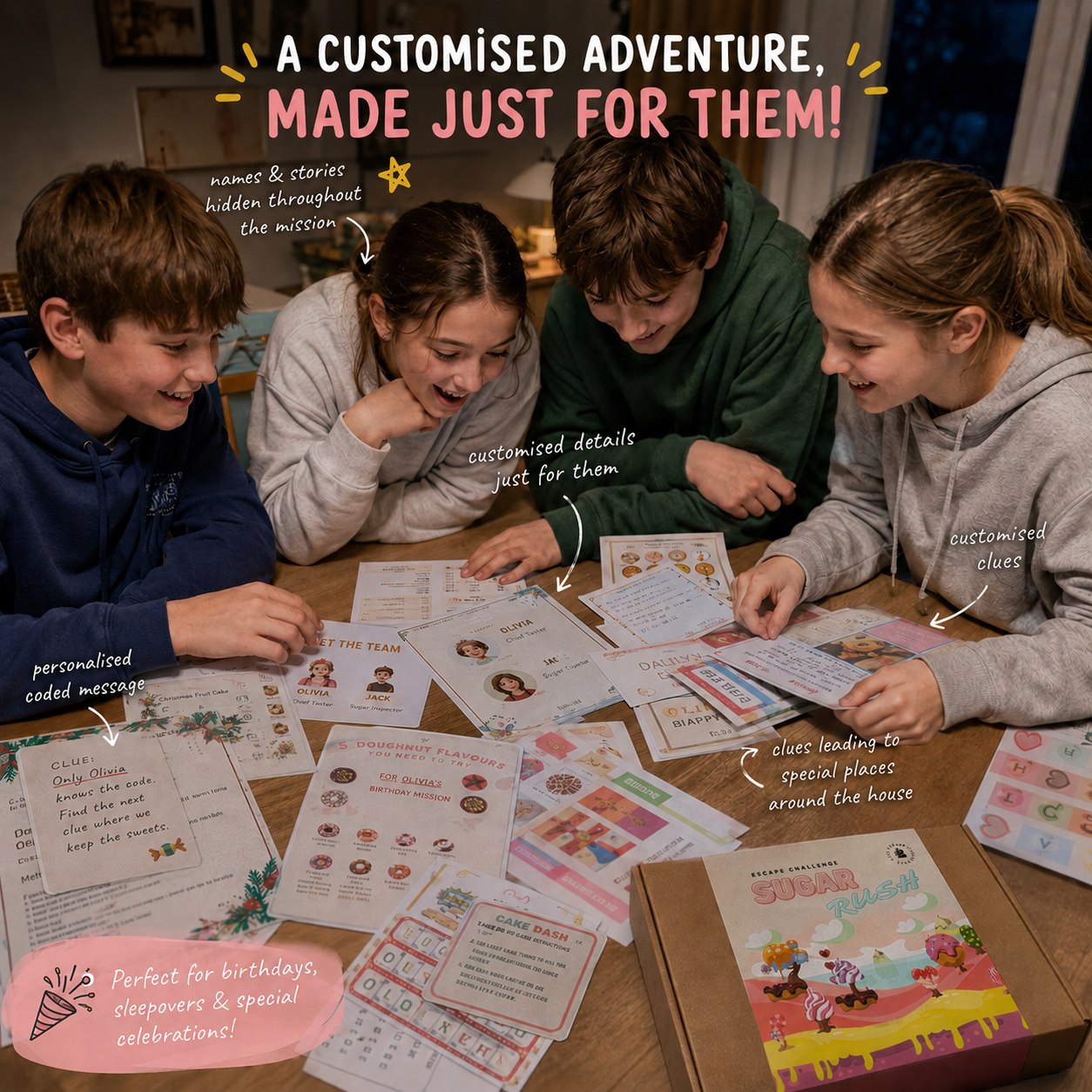 Four children playing with a customised escape room kit with cards on a table, with text about a custom adventure.