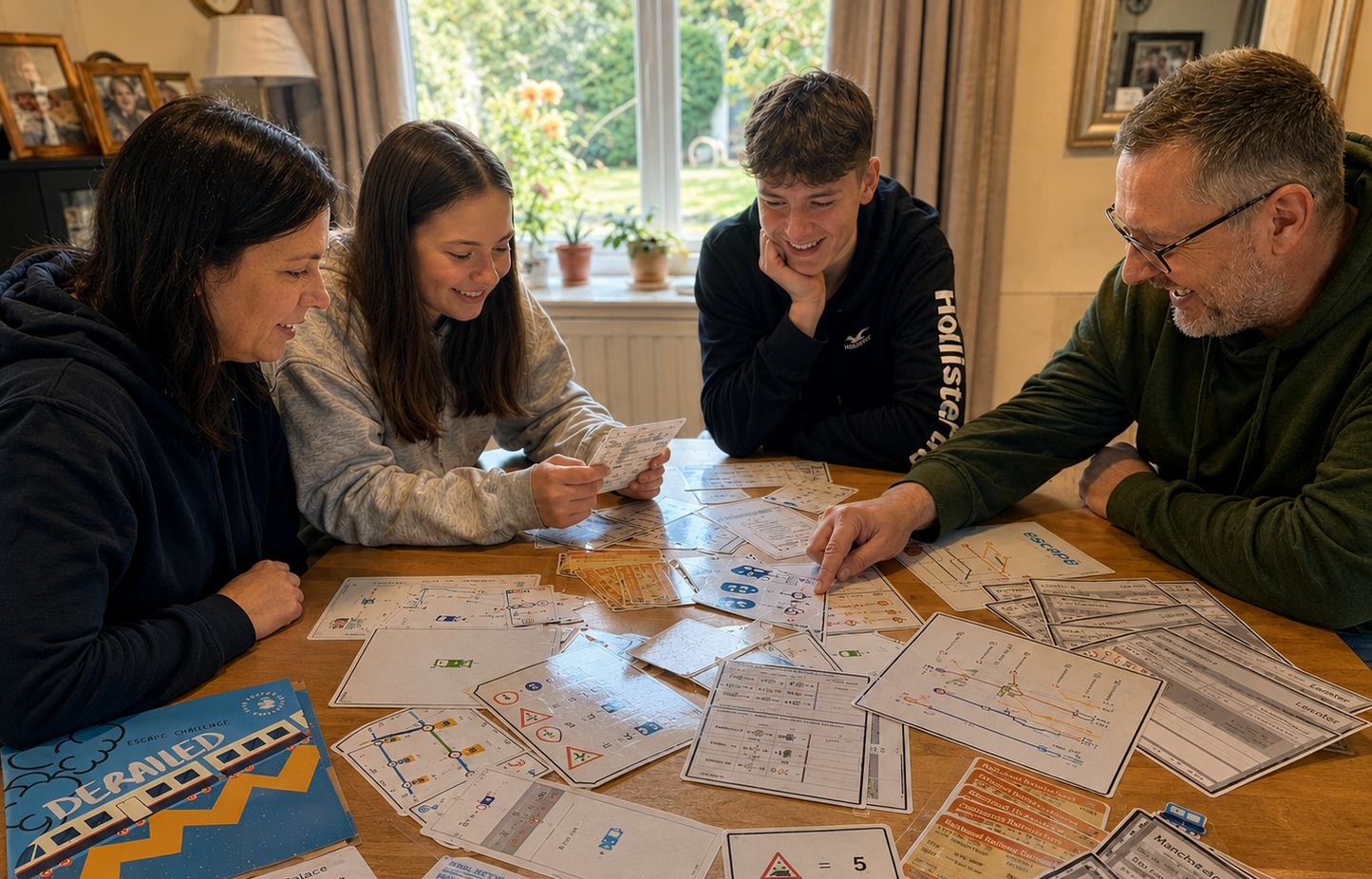 Four people playing an escape room game together at a table with game pieces and sheets.
