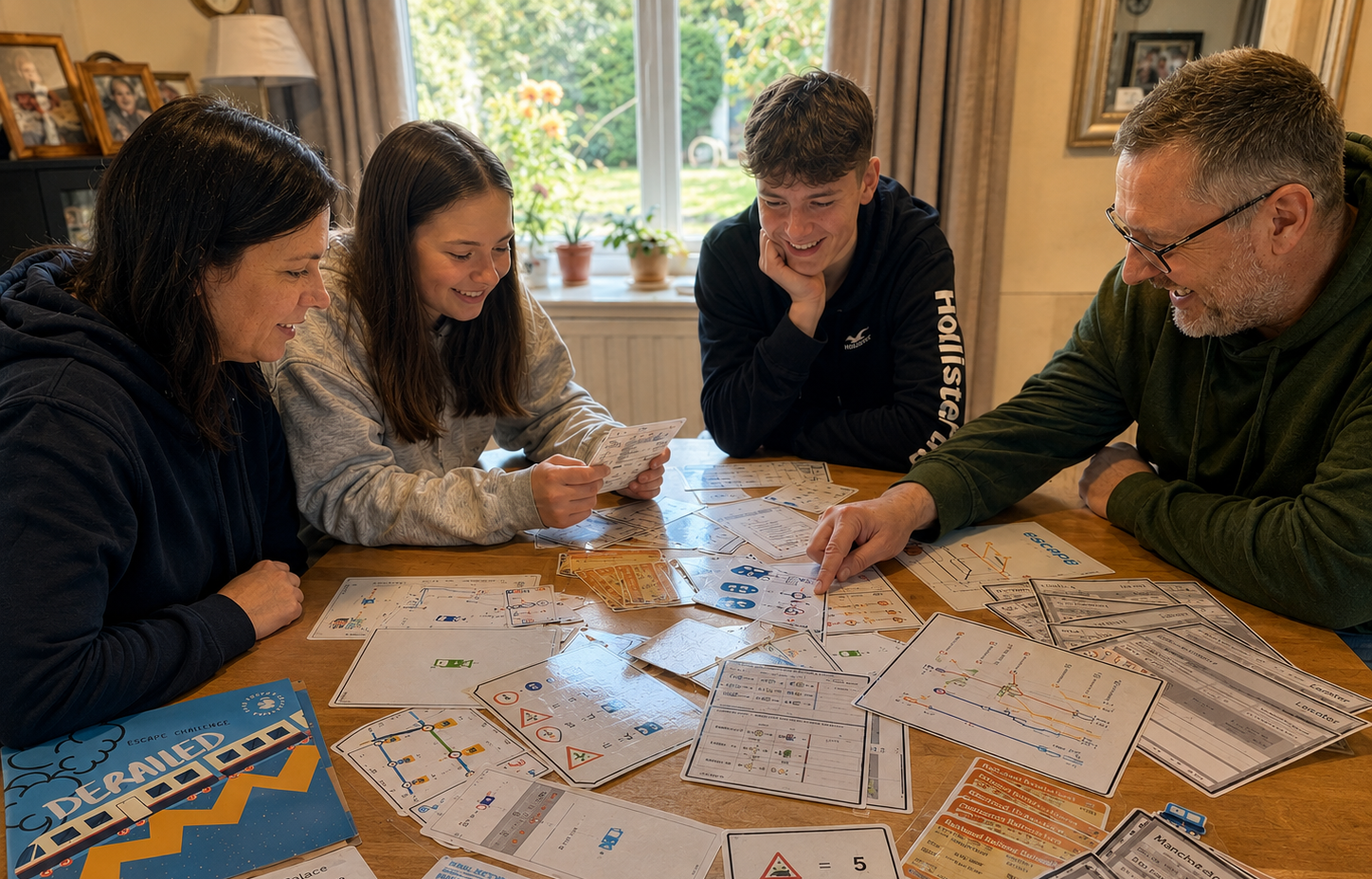 Four people playing an escape room game together at a table with game pieces and sheets.
