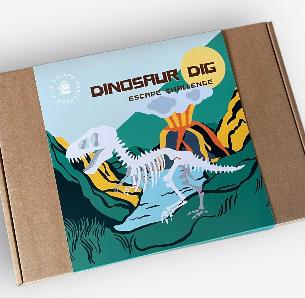 Dinosaur Dig Escape Challenge packaging with a dinosaur skeleton illustration on a white background