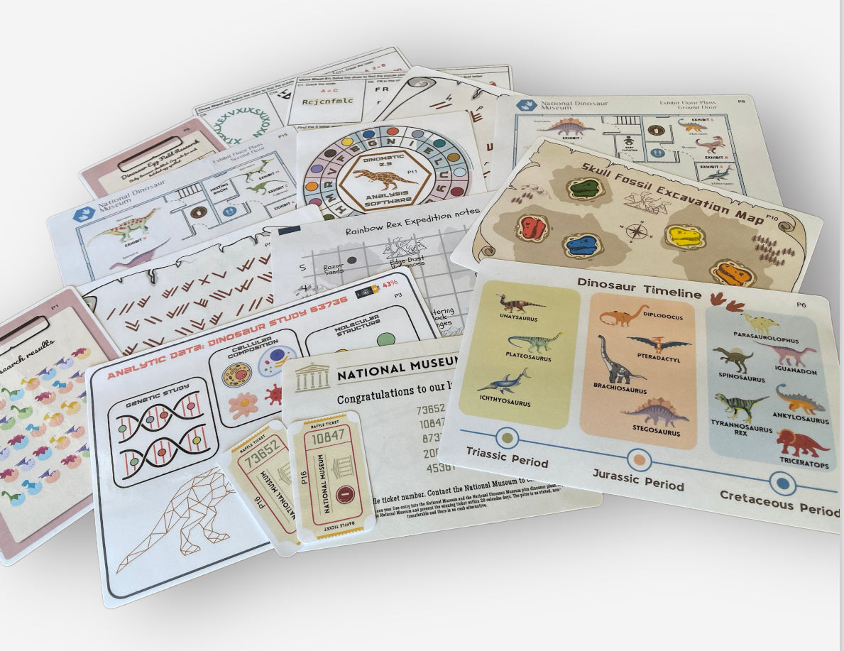 Collection of educational dinosaur-themed cards, puzzles and cyphers from a dinosaur escape room kit on a white surface