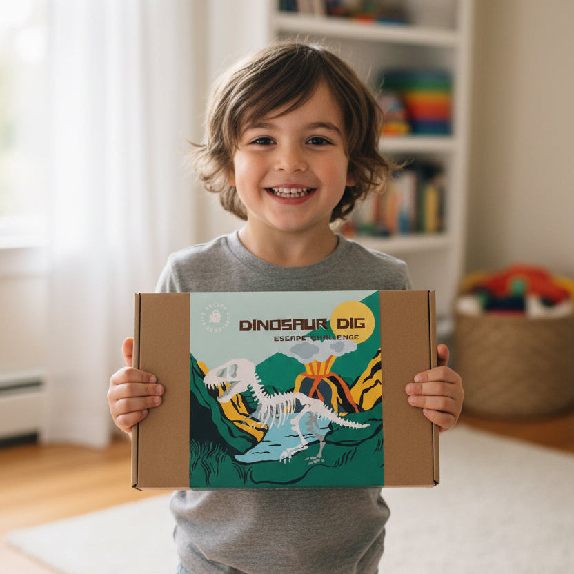 Child holding a dinosaur-themed escape room game box in a room with toys and books.