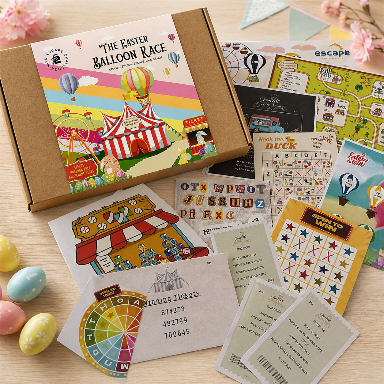 Easter-themed escape room game box with colourful cards and Easter eggs on a wooden surface