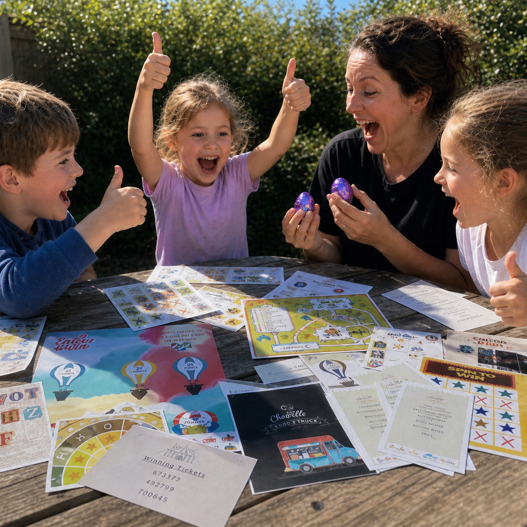 Family playing an escape room game outdoors with colourful game pieces and cards on a wooden table.