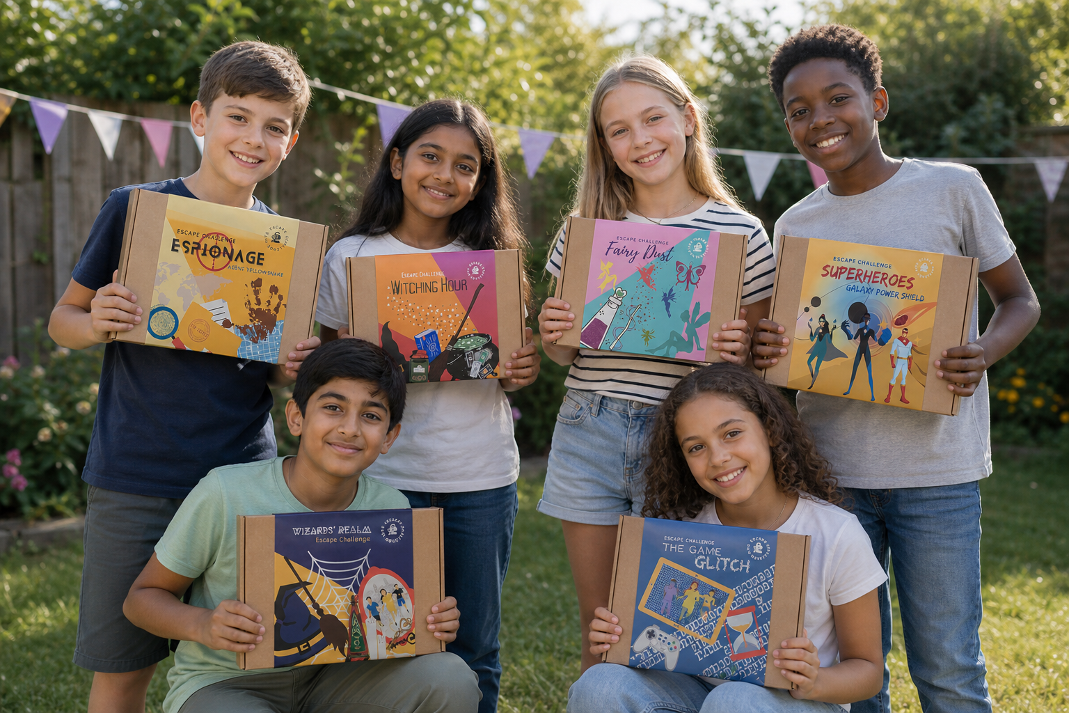Children holding escape challenge kit boxes with colorful covers in an outdoor setting