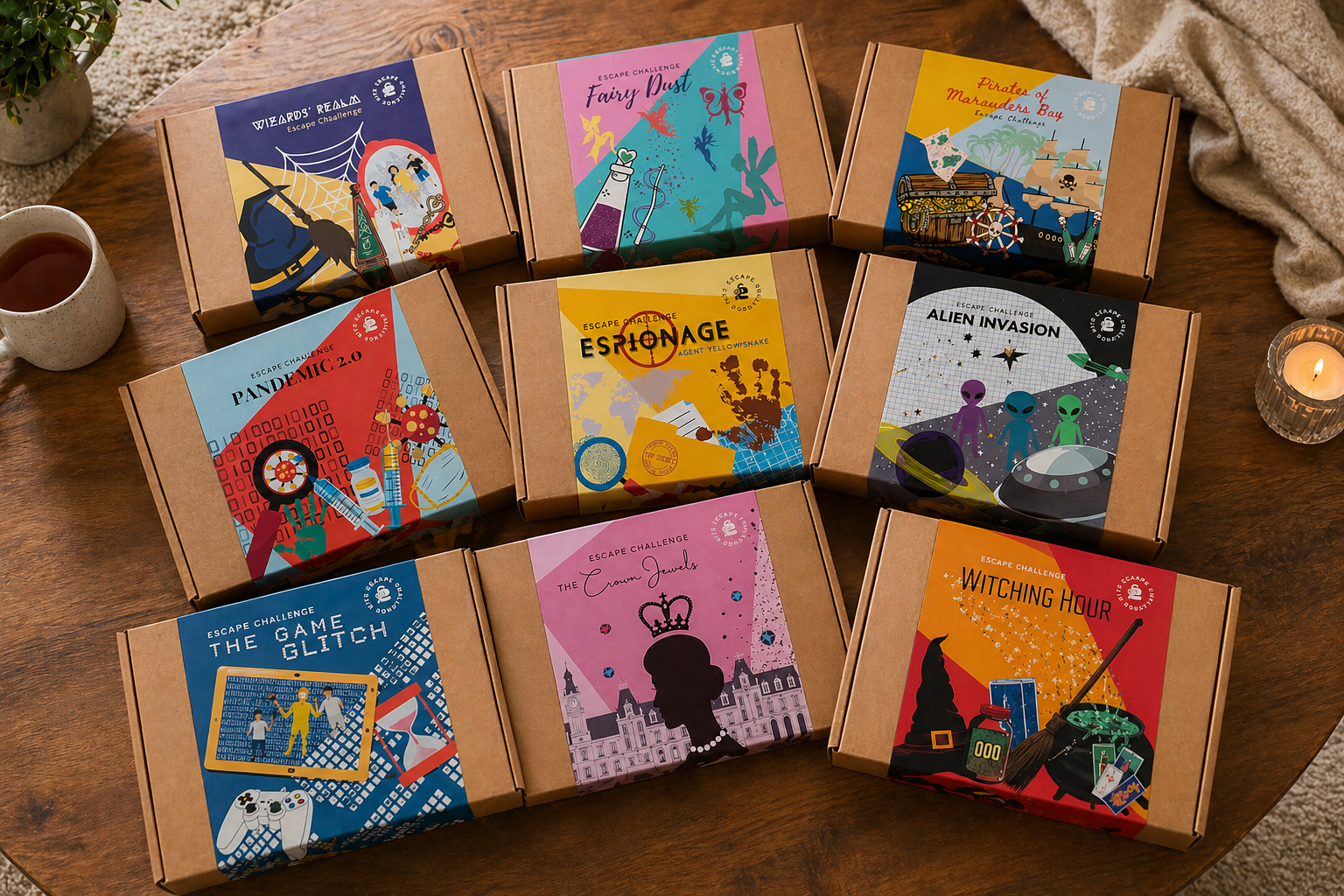Collection of escape room kit boxes on a wooden table, showing a selection of escape challenge kits 
