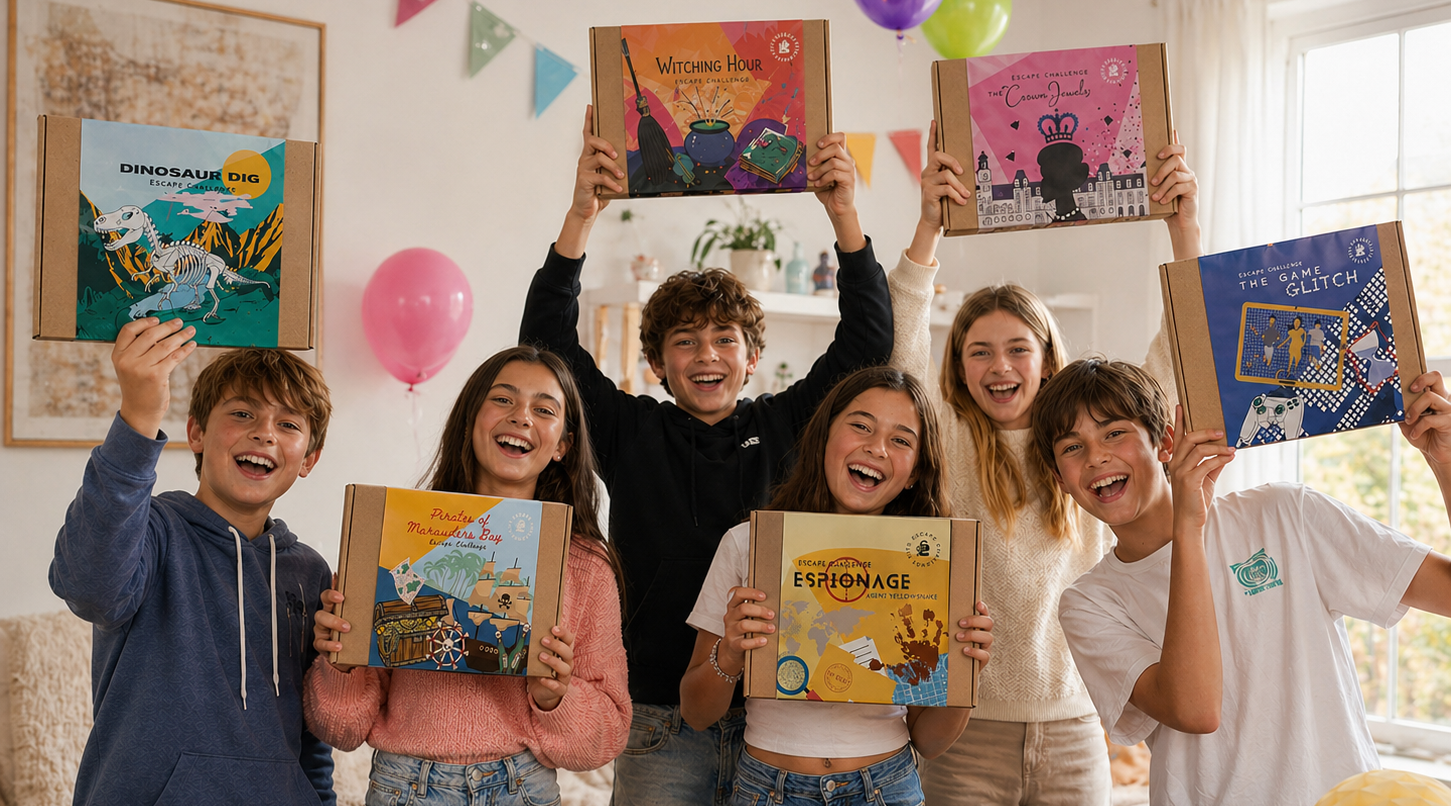 Children holding up escape room games by escape challenge kits in a celebratory setting with balloons and framed pictures on the wall.
