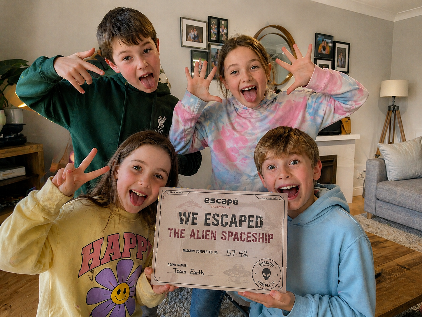 Four children celebrating an escape room victory in a living room.