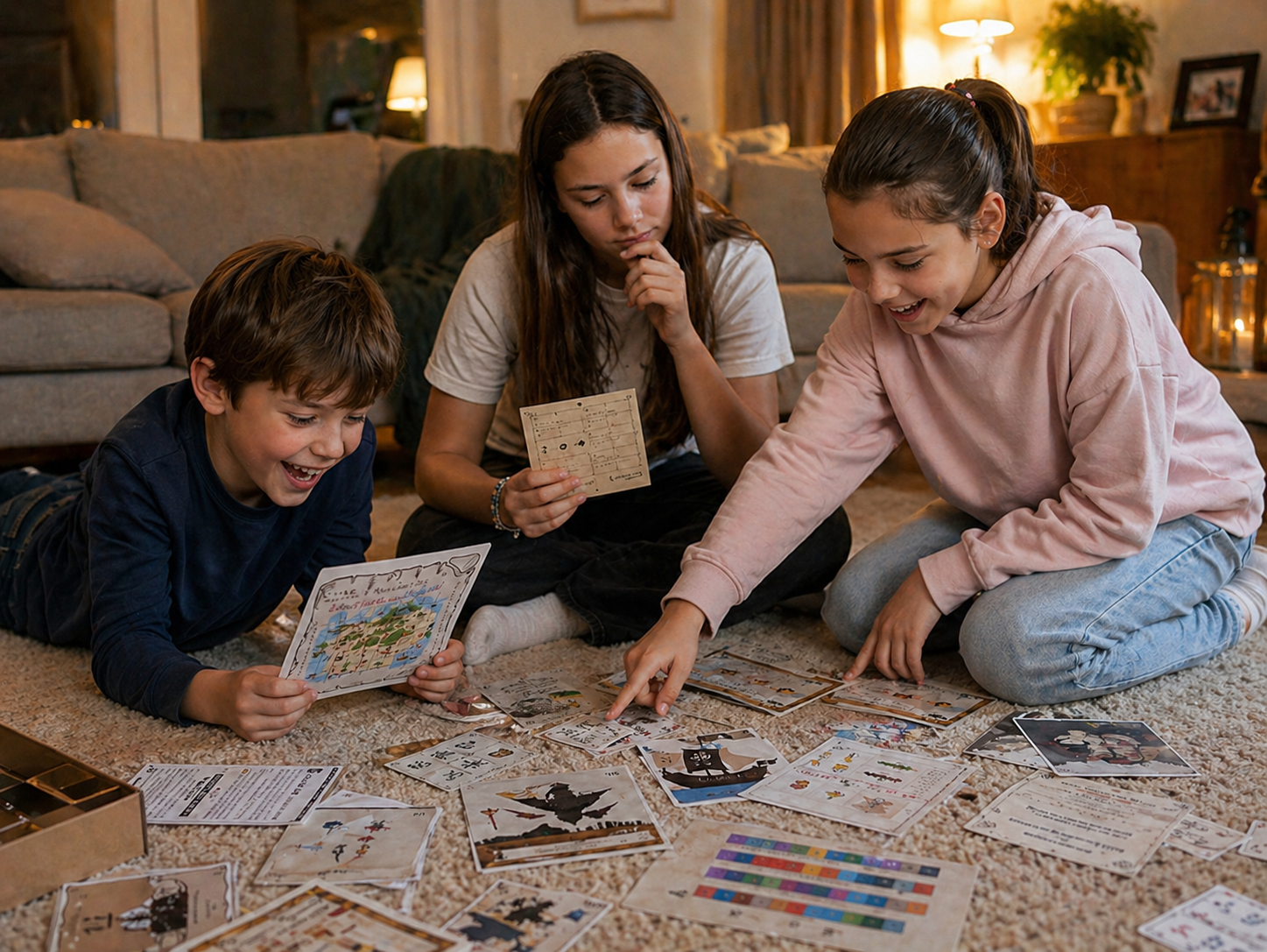 Three children solving puzzles, happy and enjoying the escape game, on a carpeted floor in a living room.