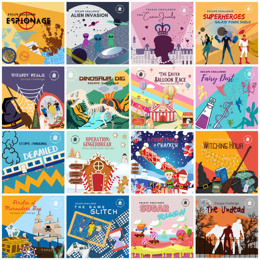 Collage of various escape challenge kits with colourful engaging themes
