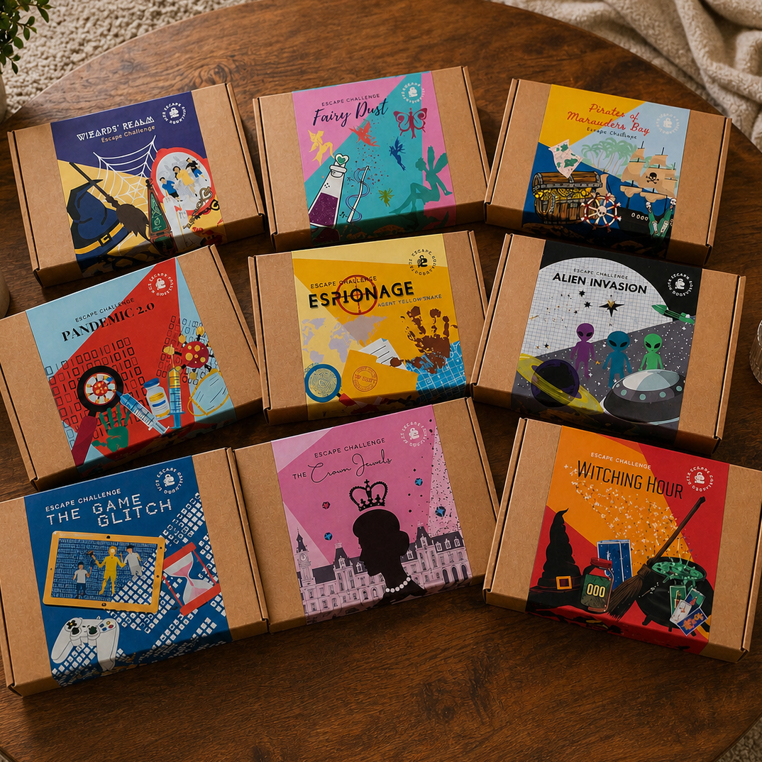 A collection of escape room kit boxes with different themes