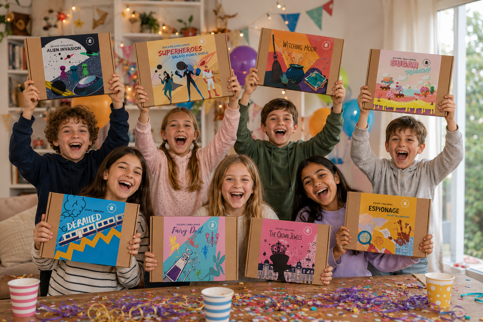 Children holding up books with colorful covers in a celebratory setting.