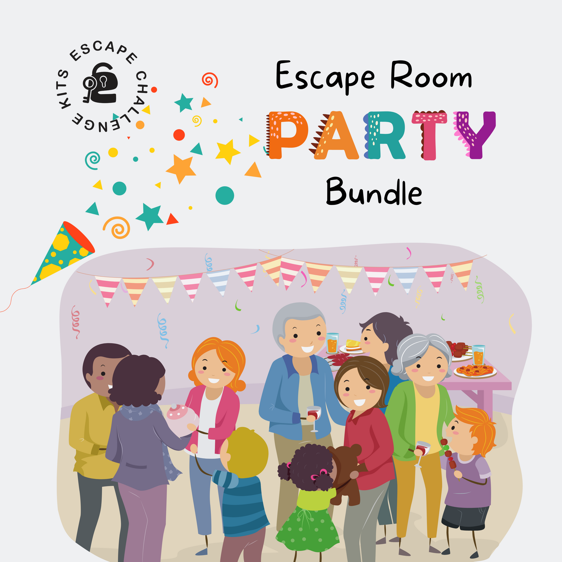 Illustration of a family and friends at an escape room party at home with colorful decorations.