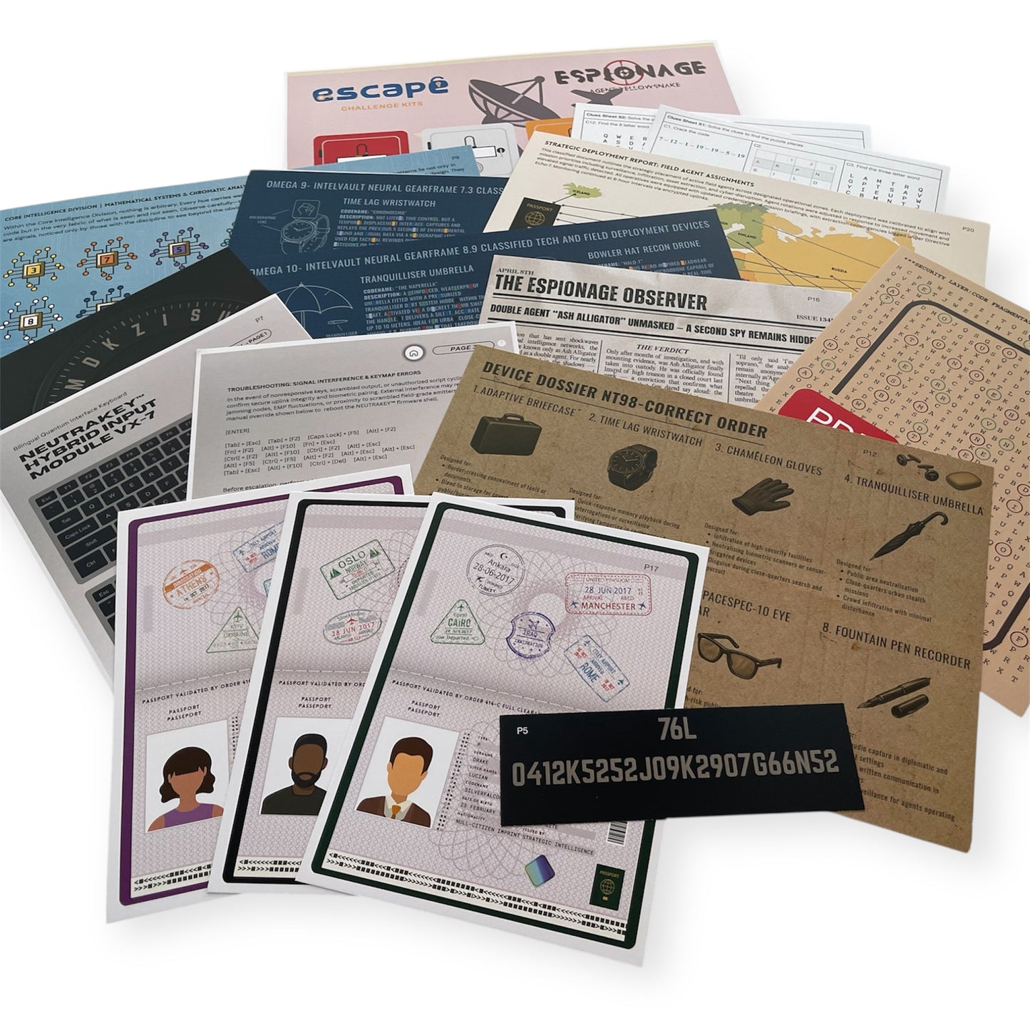 Collection of espionage spy-themed puzzles, cyphers and documents and cards from an escape room kit 