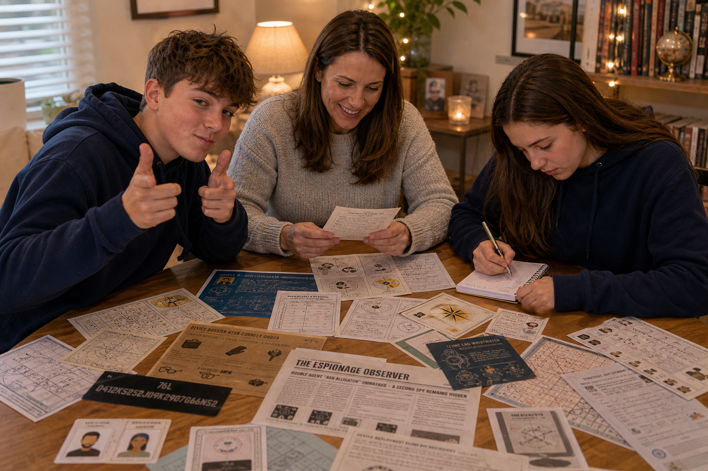 Three people sitting around a table with game sheets and cards, likely engaged in a spy themed escape room challenge game