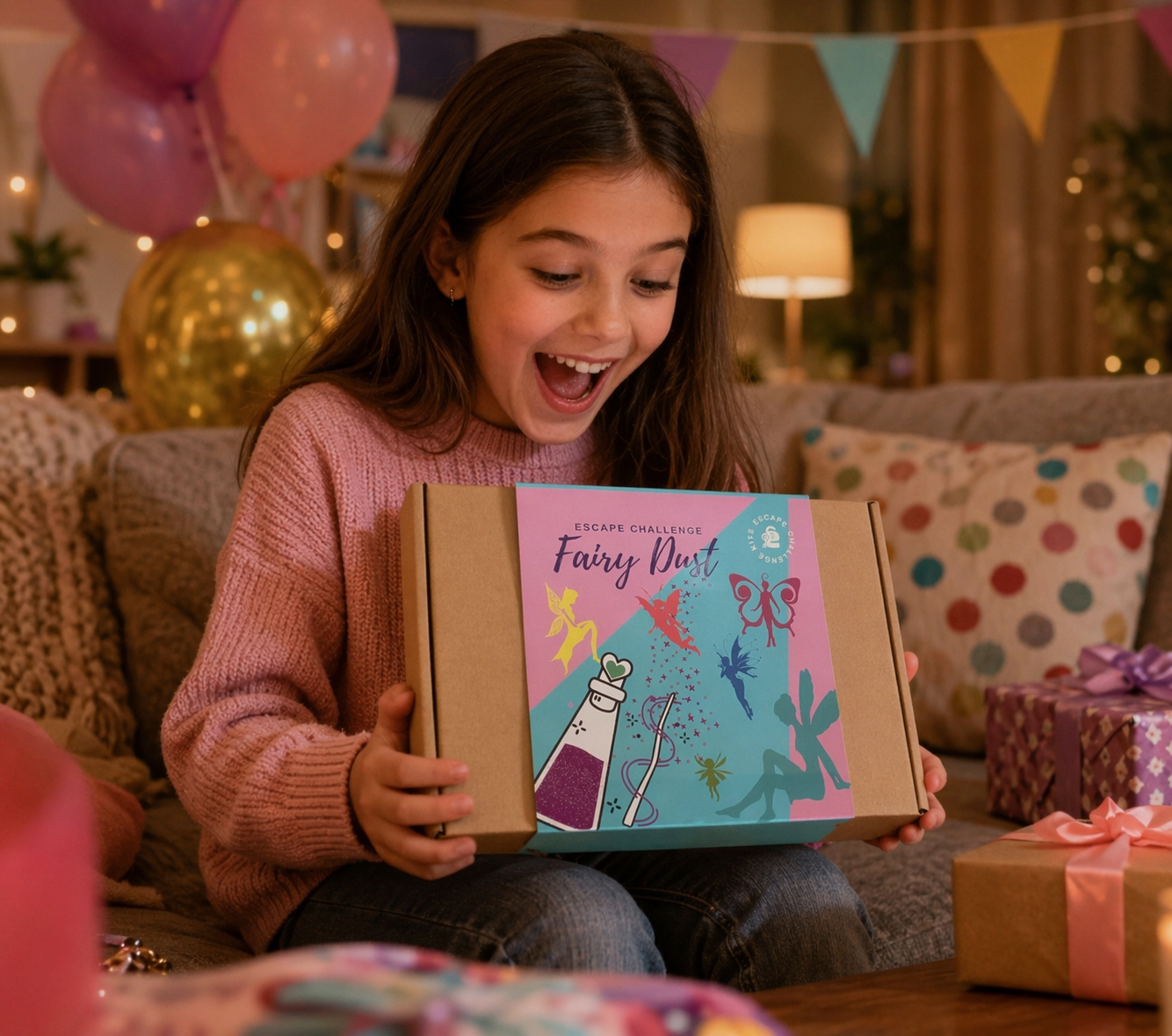 Young girl opening an escape room kit box  titled 'Fairy Dust' with birthday decorations in the background