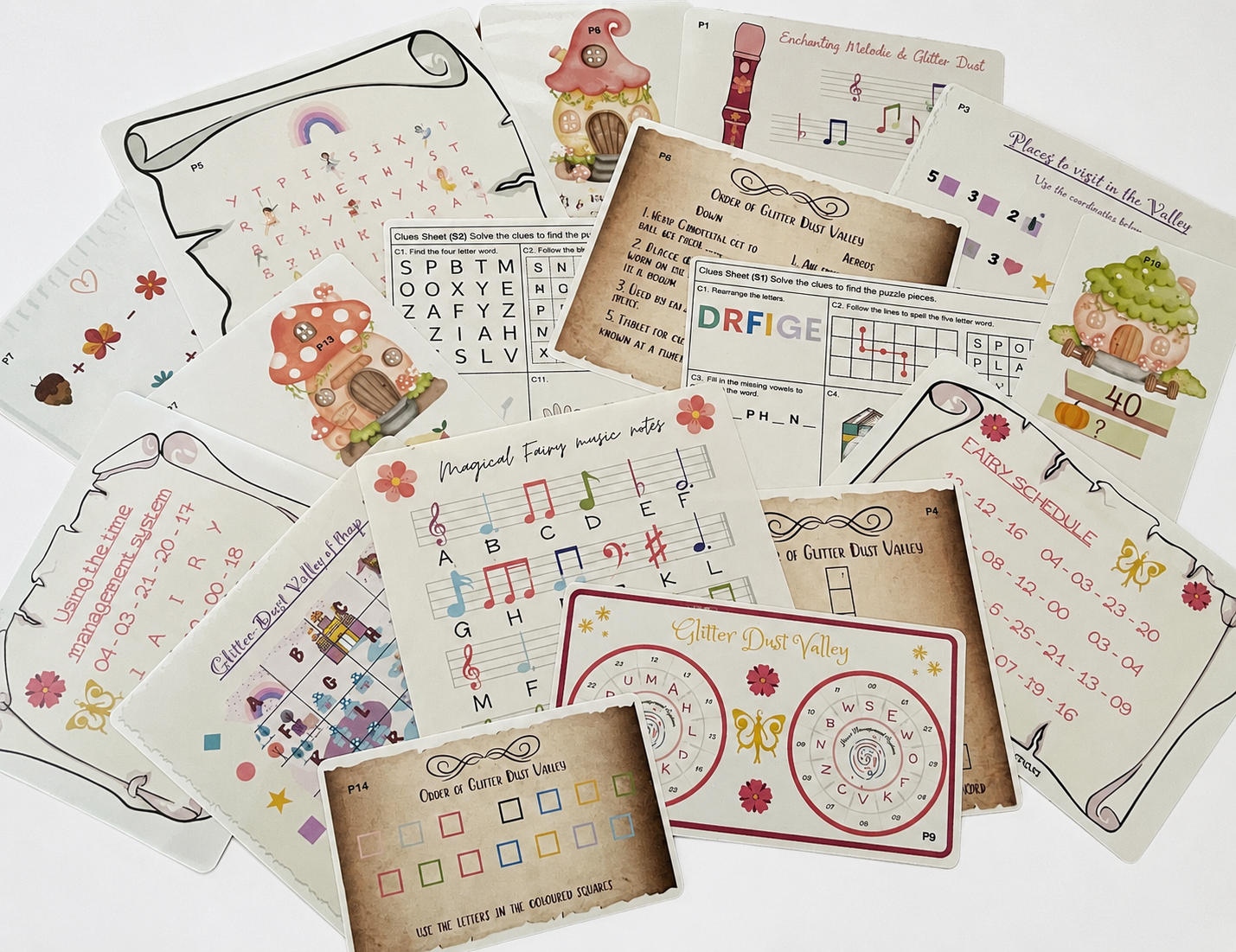 Collection of puzzle cards with various fairy and fantasy designs from a fairy escape room kit from escape challenge kits