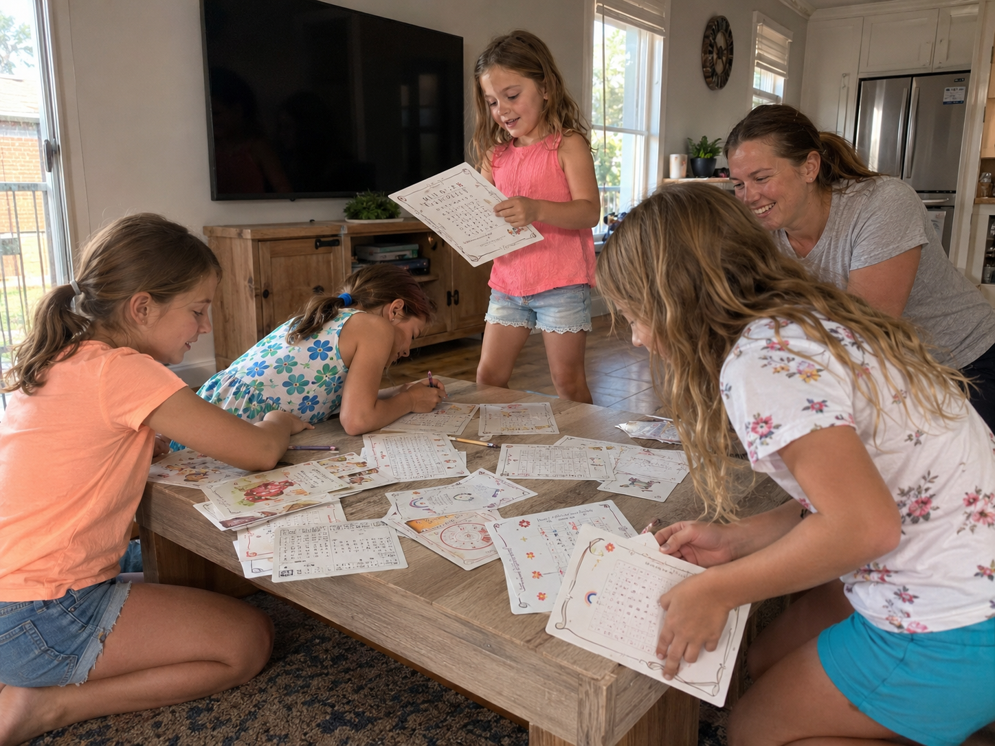 Family of five in a living room with children working through puzzles from a fairy fantasy themed escape room challenge game kit