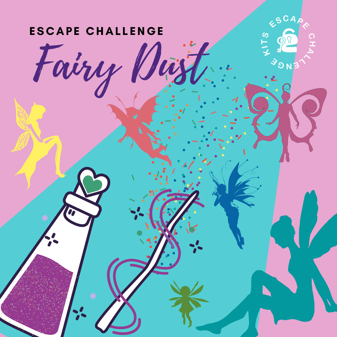 Cover of escape room game 'Escape Challenge Fairy Dust' with fairy silhouettes, a wand, and a bottle of purple dust on a pink and blue background.
