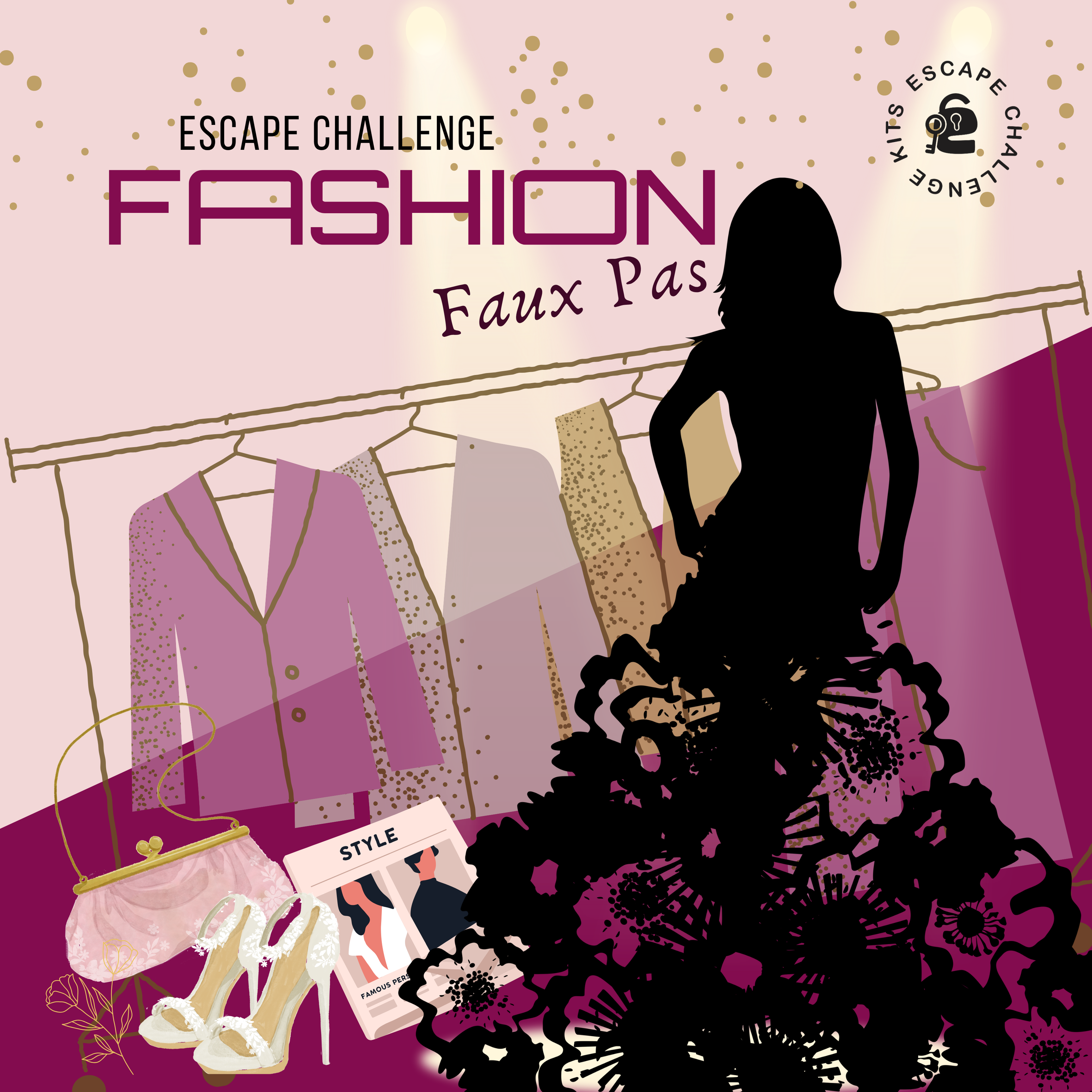 Cover of 'Fashion Faux Pas' escape room challenge kit with silhouette of a woman and fashion items on a pink background.