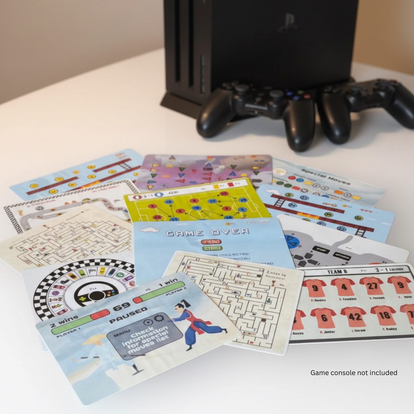 Collection of escape room game cards on a table with a gaming console in the background.