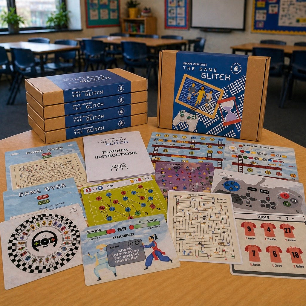Educational gaming themed escape room game set on a table with classroom setting in the background