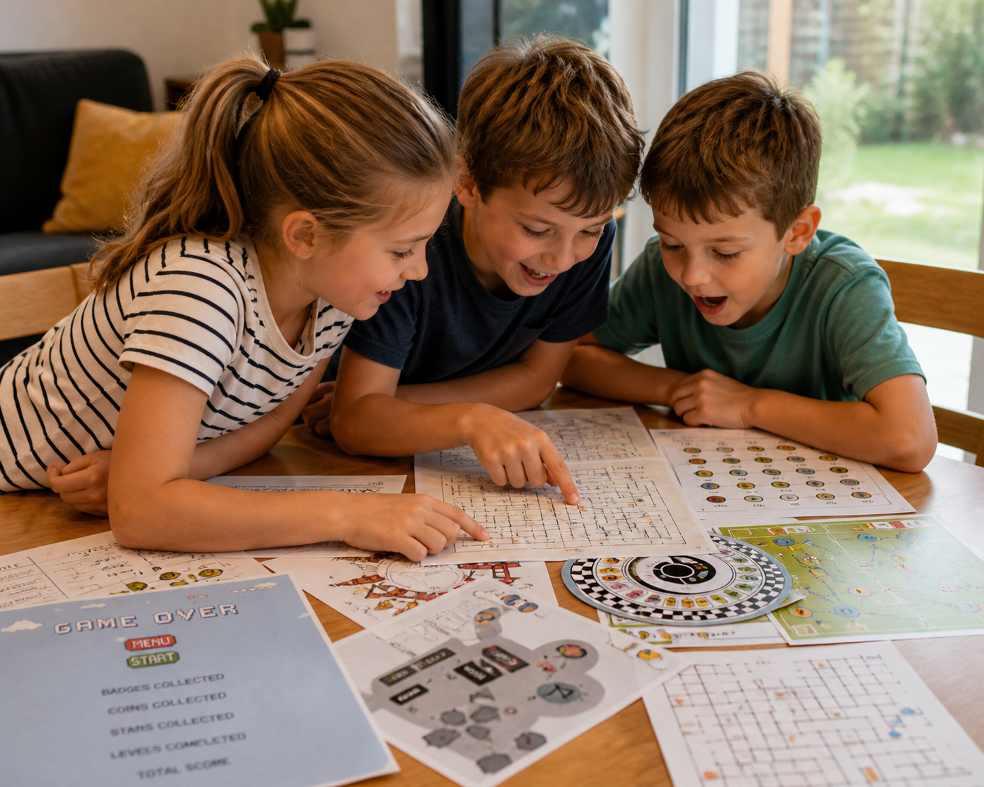 Three children playing a print at home escape room game together at a table.