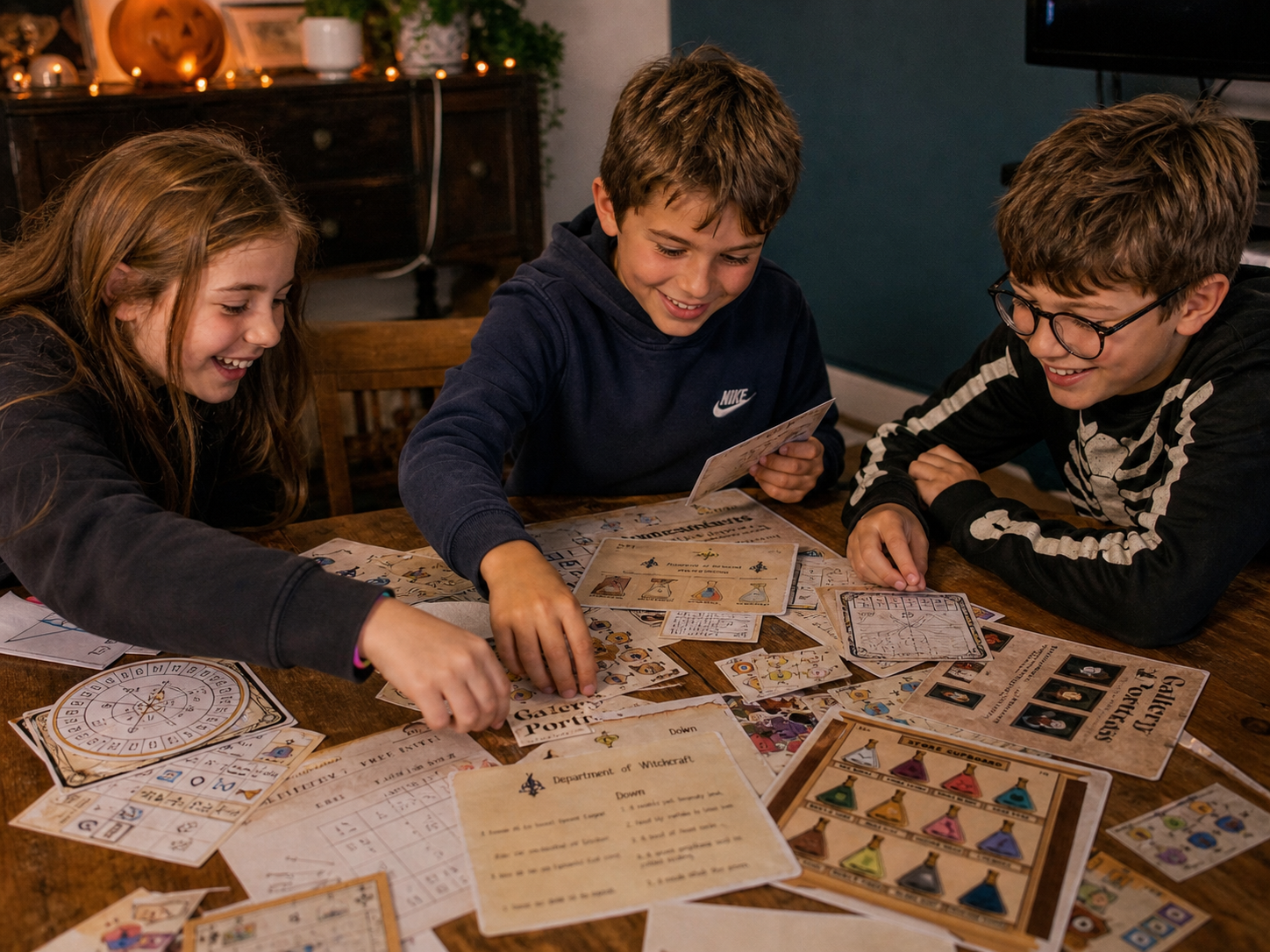 Three children playing with a Halloween themed escape room kit in the living room