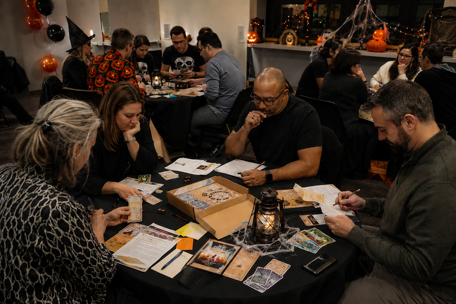 Large of people playing an escape room kit challenge game in a Halloween-themed room