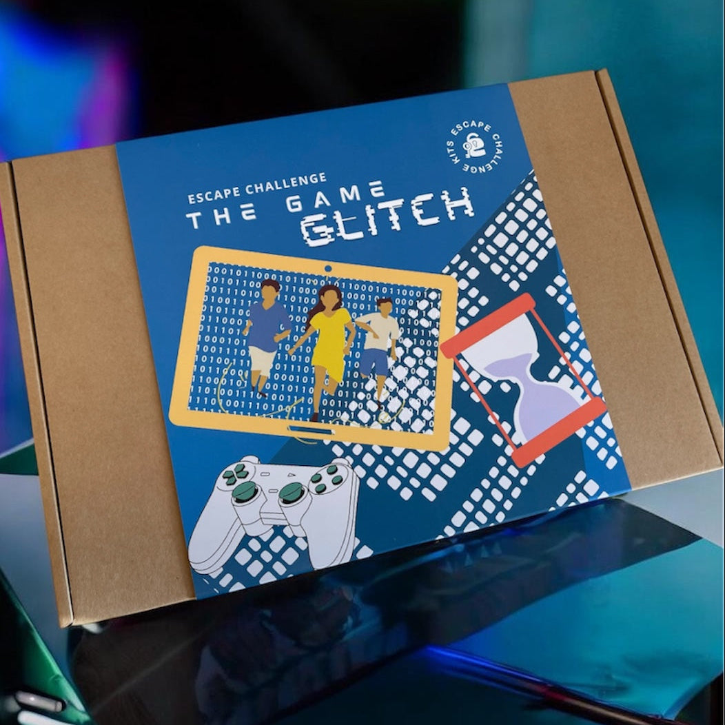 Box for 'The Game Glitch' escape challenge with game controller and puzzle piece illustration.