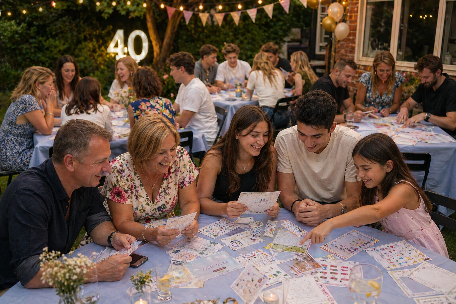 People gathered for a 40th birthday. Split into teams around a table playing an escape room at home party challenge outdoors with decorations. A fun, enjoyable party atmosphere