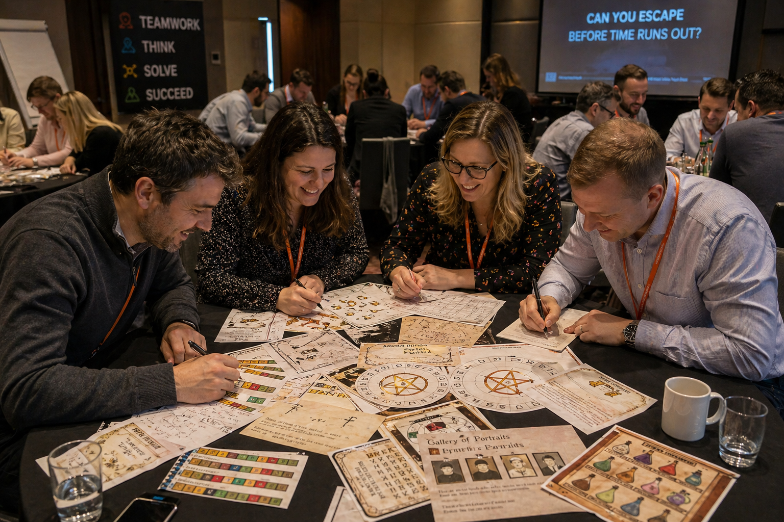 Group of people in a workplace engaged in an escape room activity with maps and clues on a table.