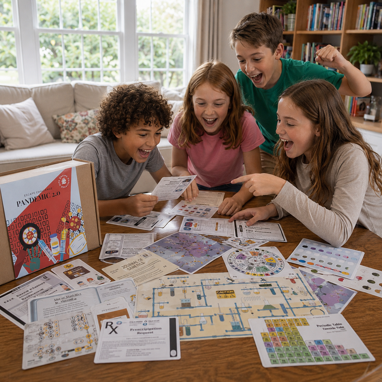 Children playing an escape room game together in a living room.
