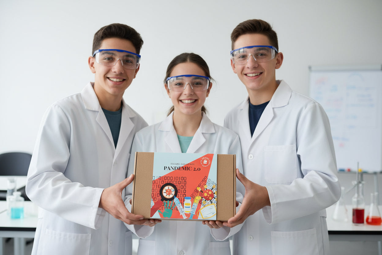 3 teenagers dressed in lab coats holding a science escape room kit called pandemic