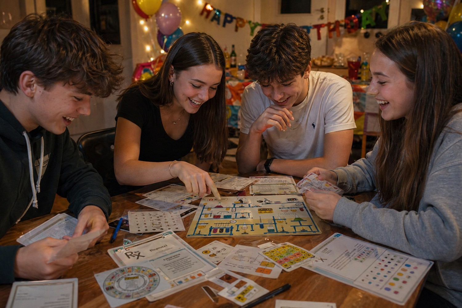 Four friends playing a science themed escape room in a box together at a table with birthday decorations in the background.