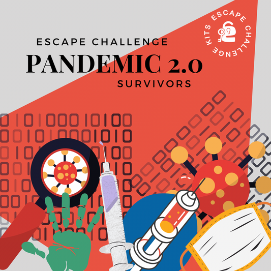 Escape room kit graphic for 'Escape Challenge Pandemic 2.0 Survivors' with medical-themed illustrations on a red and gray background.