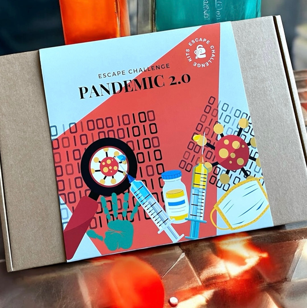 Pandemic 2.0 game box on a table with absorbent flasks in the background