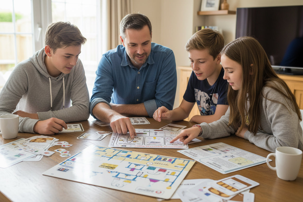 a family with teens playing engaged in solving puzzles from an escape room kit