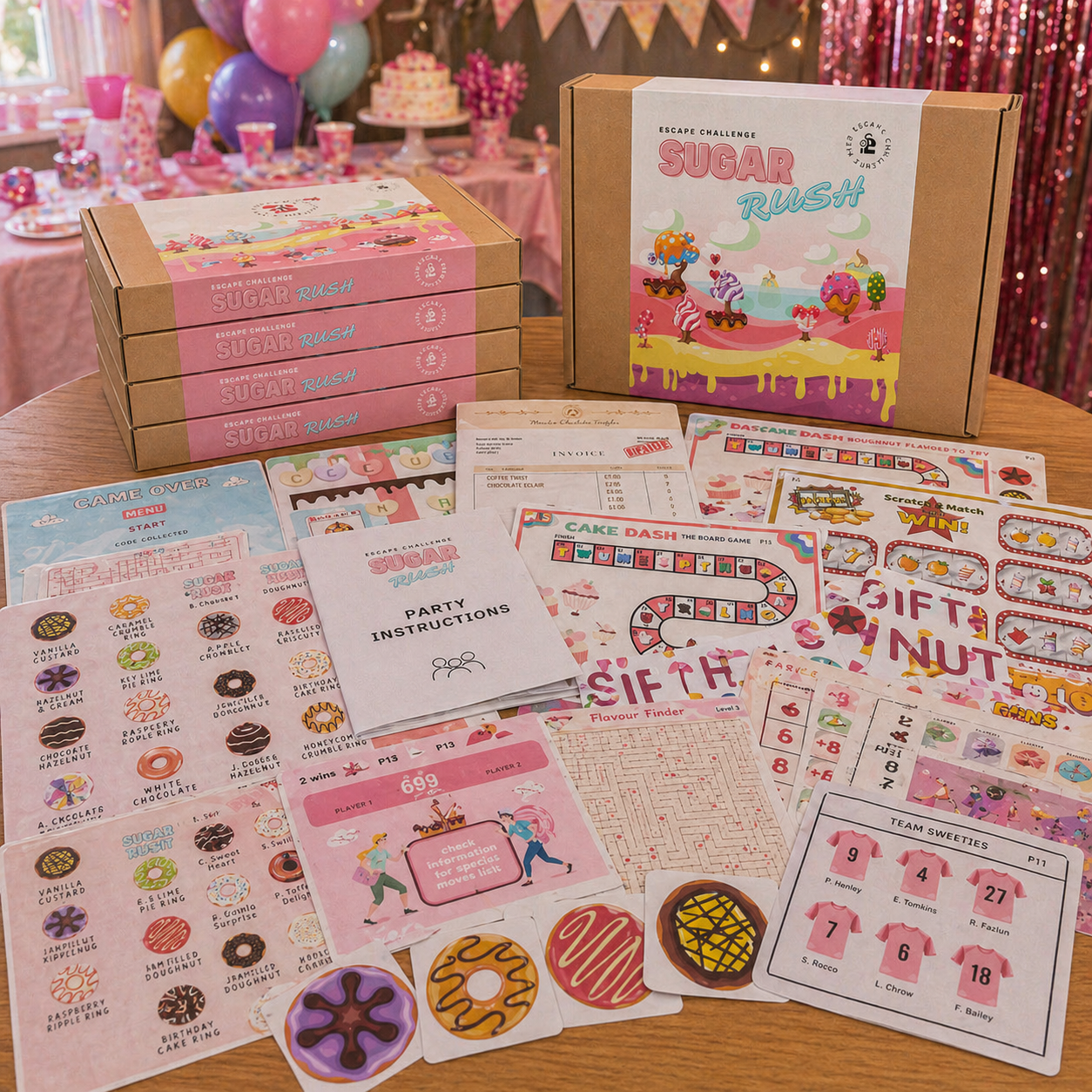 Children's party escape room in a box game bundle set with cards and instructions on a table.