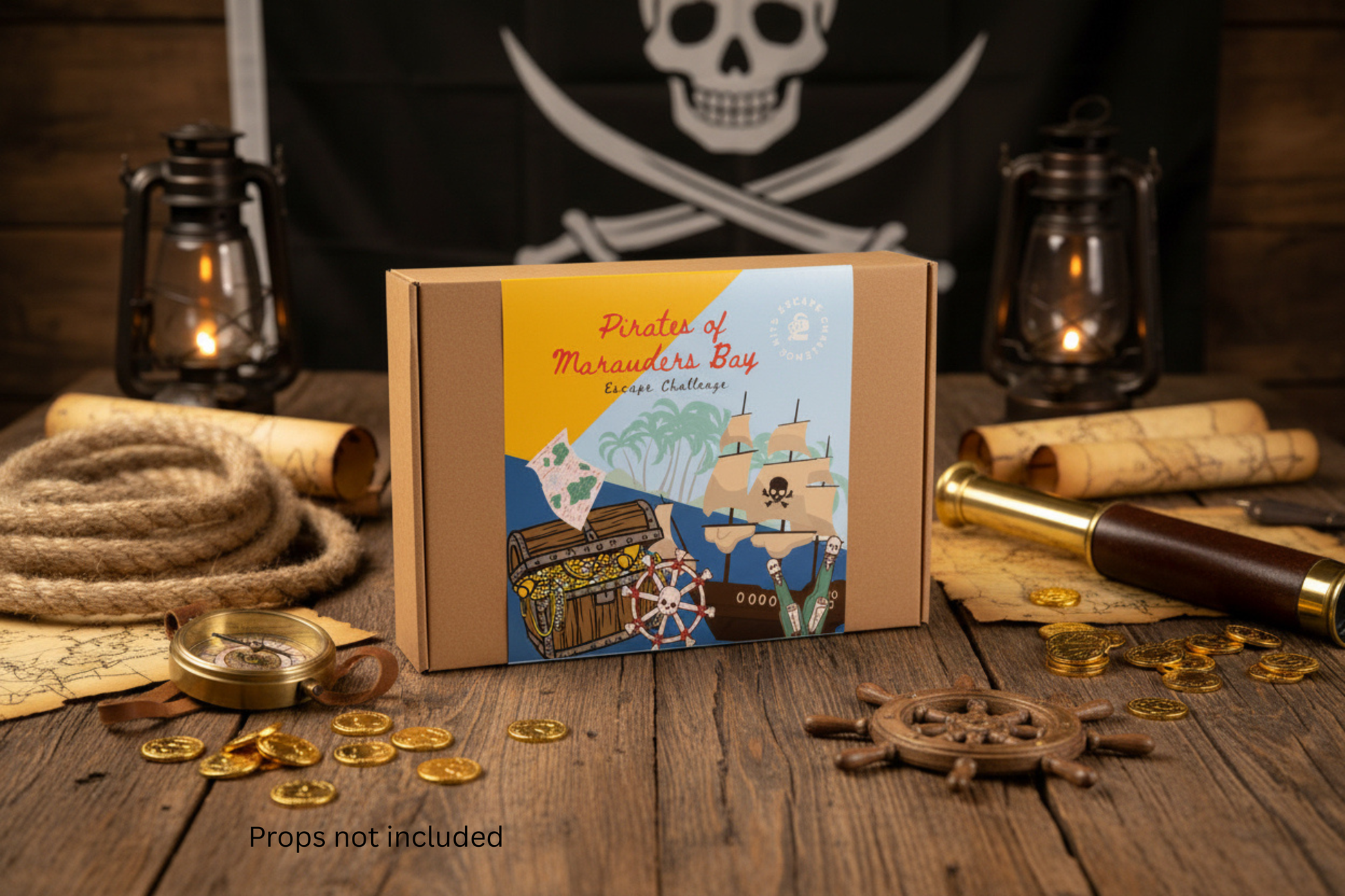 Pirate-themed escape room kit box with gold coins, ropes, and lanterns on a wooden surface.